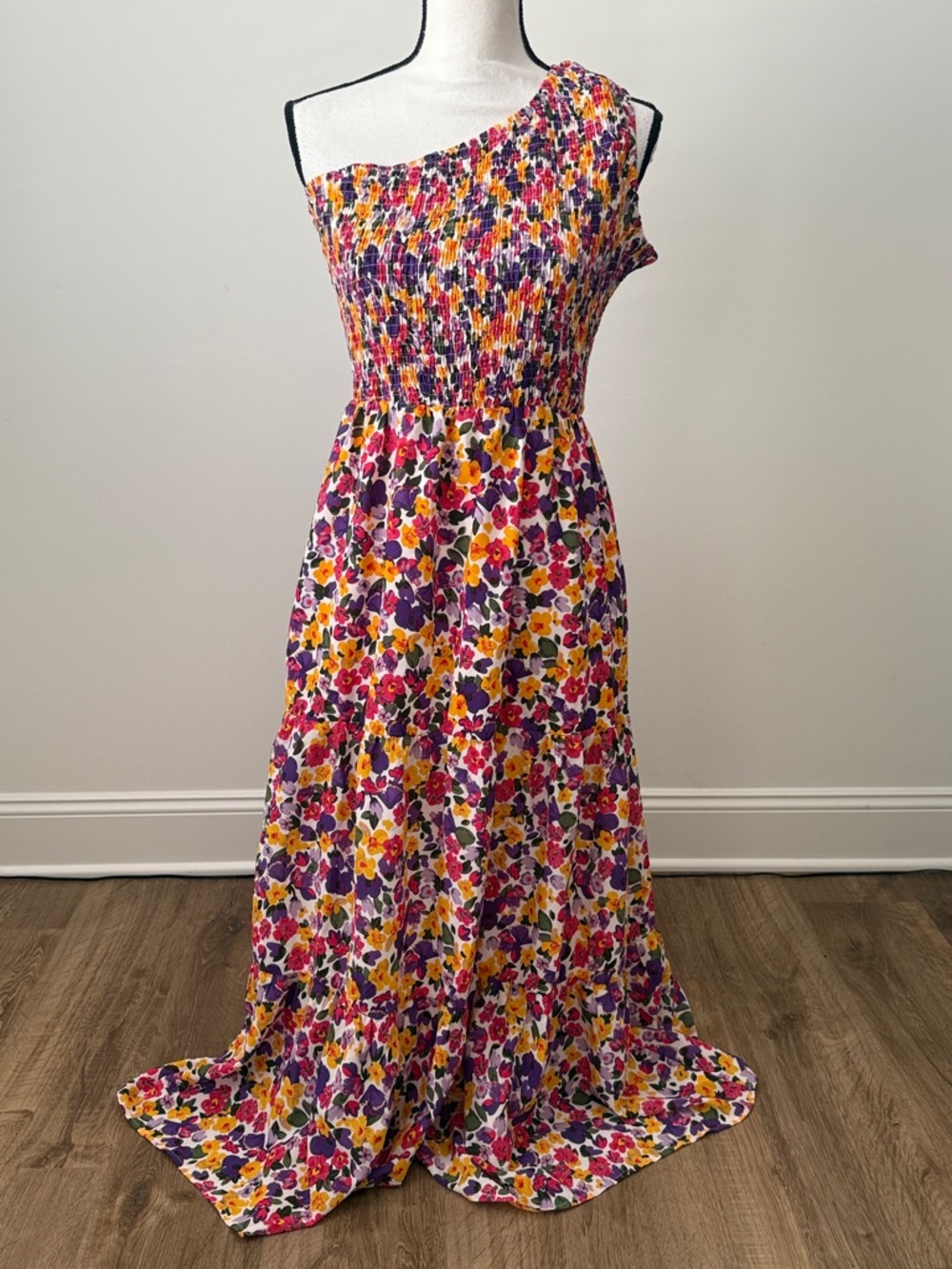One-Shoulder Floral Maxi Dress in Pink, Purple & Yellow